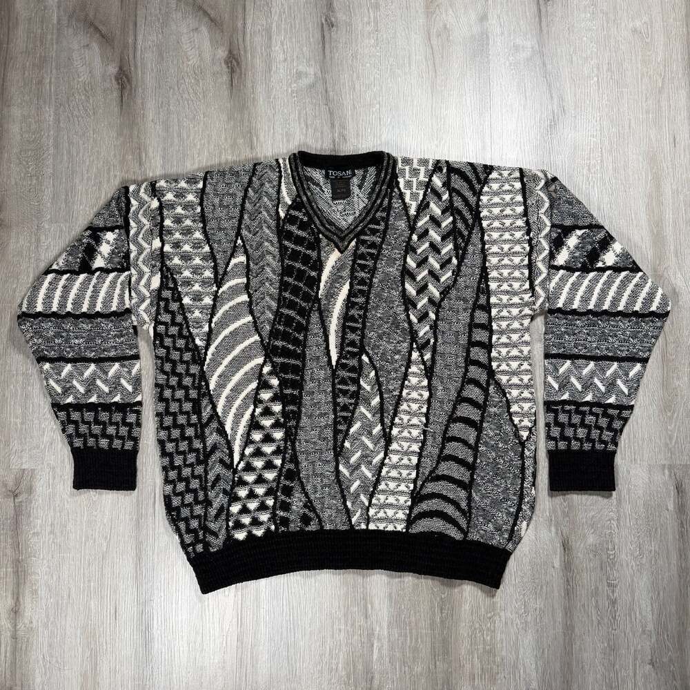 Mens Tosani Vintage 3D Texture Knit Sweater Black and White Patterned XL
